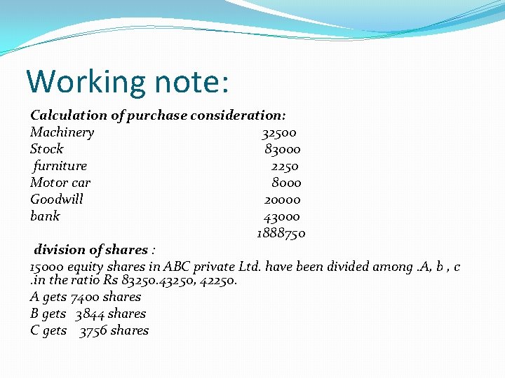 Working note: Calculation of purchase consideration: Machinery 32500 Stock 83000 furniture 2250 Motor car