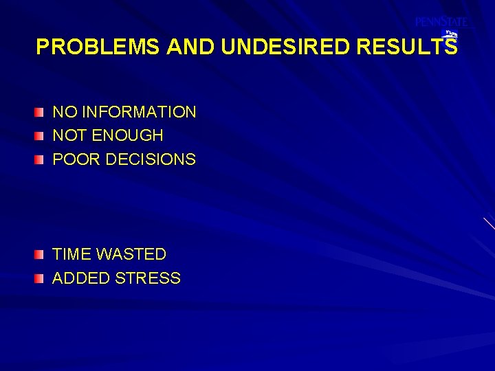 PROBLEMS AND UNDESIRED RESULTS NO INFORMATION NOT ENOUGH POOR DECISIONS TIME WASTED ADDED STRESS