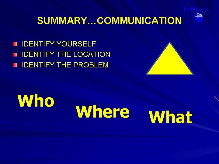 SUMMARY…COMMUNICATION IDENTIFY YOURSELF IDENTIFY THE LOCATION IDENTIFY THE PROBLEM Who Where What 