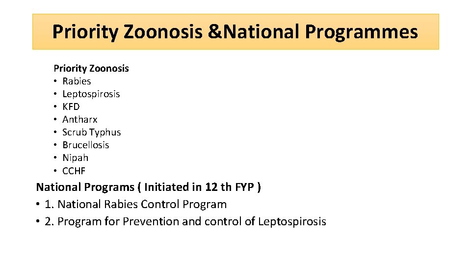 Priority Zoonosis &National Programmes Priority Zoonosis • Rabies • Leptospirosis • KFD • Antharx