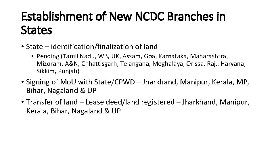 Establishment of New NCDC Branches in States • State – identification/finalization of land •