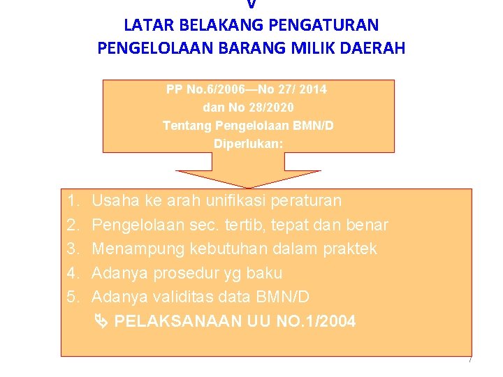 V LATAR BELAKANG PENGATURAN PENGELOLAAN BARANG MILIK DAERAH PP No. 6/2006—No 27/ 2014 dan