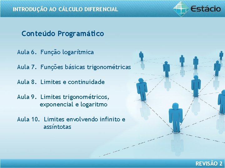 INTRODUÇÃO AO CÁLCULO DIFERENCIAL Conteúdo Programático Aula 6. Função logarítmica Aula 7. Funções básicas