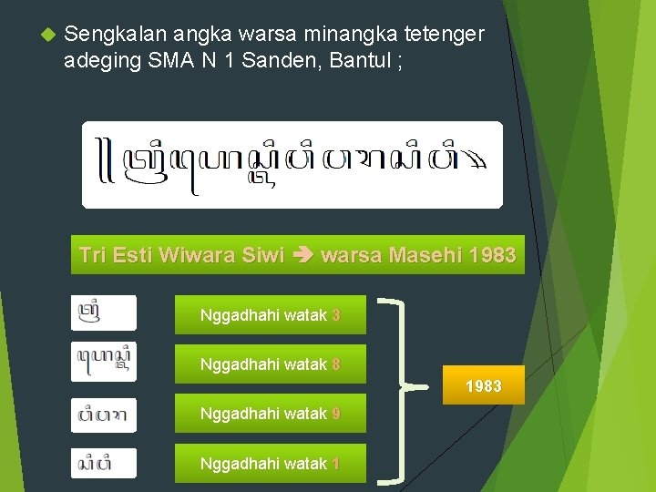  Sengkalan angka warsa minangka tetenger adeging SMA N 1 Sanden, Bantul ; Tri