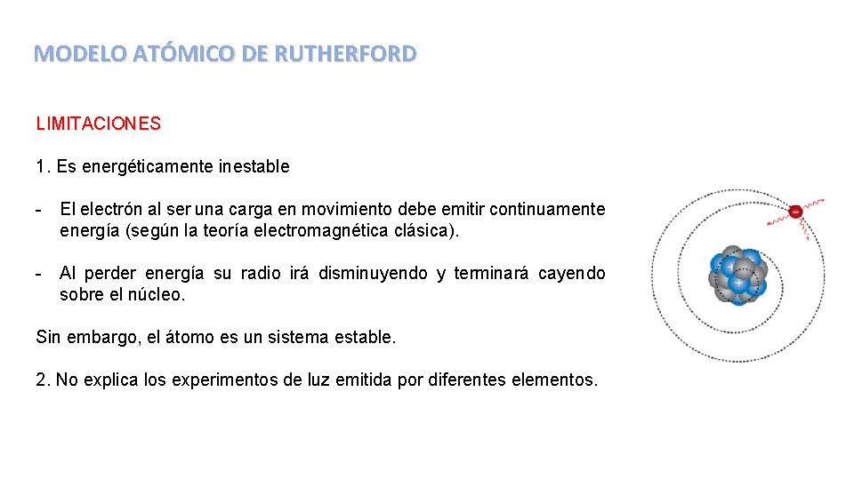 MODELO ATÓMICO DE RUTHERFORD LIMITACIONES 1. Es energéticamente inestable - El electrón al ser