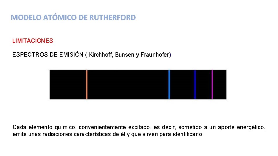 MODELO ATÓMICO DE RUTHERFORD LIMITACIONES ESPECTROS DE EMISIÓN ( Kirchhoff, Bunsen y Fraunhofer) Kirchhoff,