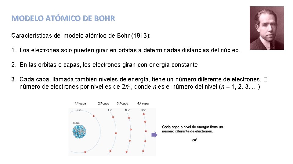 MODELO ATÓMICO DE BOHR Características del modelo atómico de Bohr (1913): 1. Los electrones