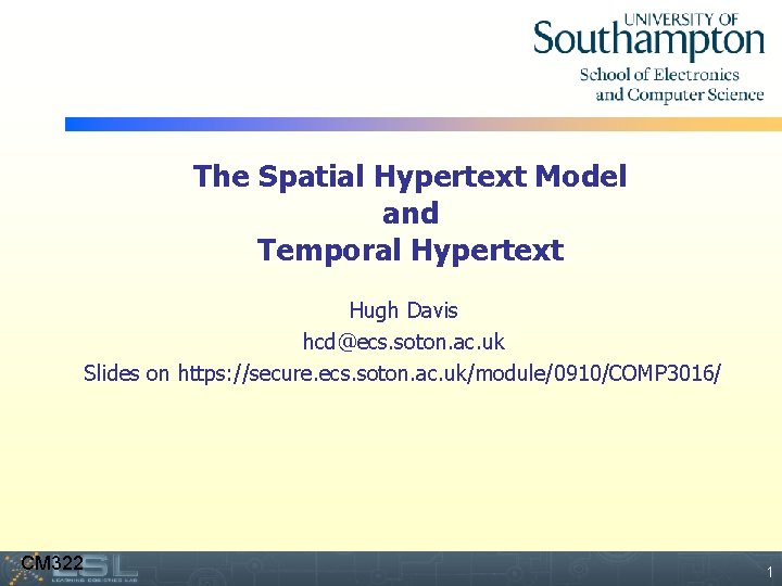 The Spatial Hypertext Model and Temporal Hypertext Hugh Davis hcd@ecs. soton. ac. uk Slides