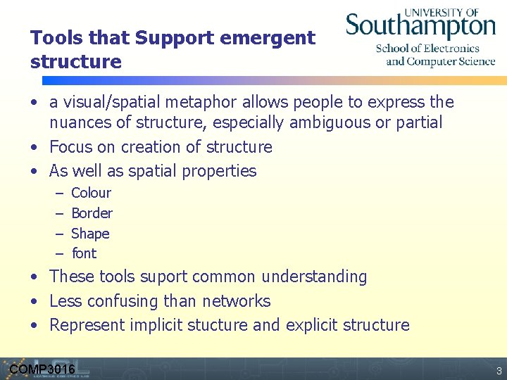 Tools that Support emergent structure • a visual/spatial metaphor allows people to express the