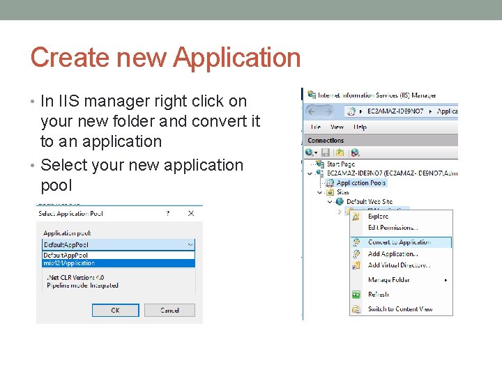 Create new Application • In IIS manager right click on your new folder and