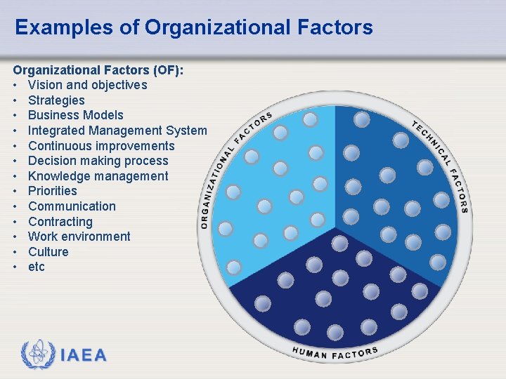 Examples of Organizational Factors (OF): • Vision and objectives • Strategies • Business Models