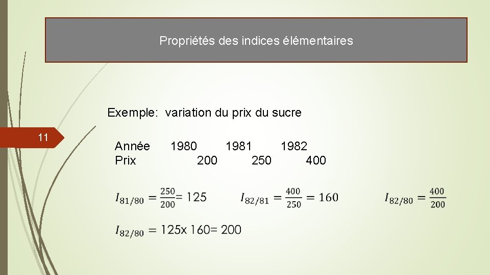 Propriétés des indices élémentaires Exemple: variation du prix du sucre 11 Année 1980 1981 Propriétés des indices élémentaires Exemple: variation du prix du sucre 11 Année 1980 1981