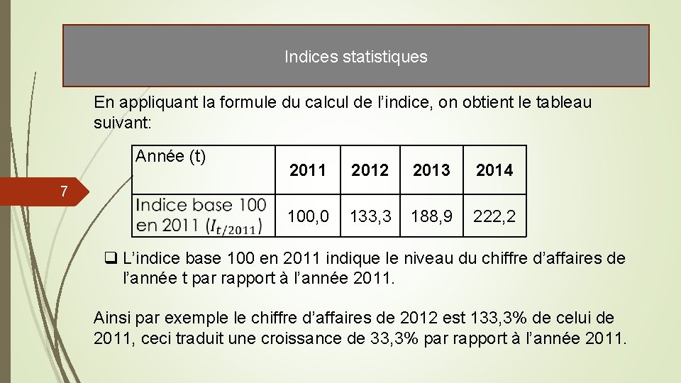 Indices statistiques En appliquant la formule du calcul de l’indice, on obtient le tableau Indices statistiques En appliquant la formule du calcul de l’indice, on obtient le tableau