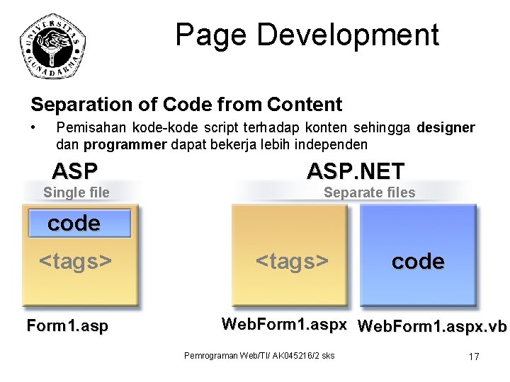 Page Development Separation of Code from Content • Pemisahan kode-kode script terhadap konten sehingga
