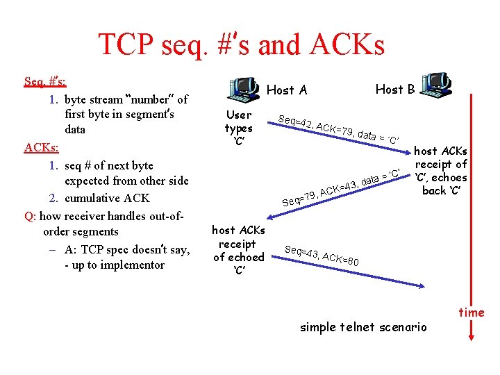 TCP seq. #’s and ACKs Seq. #’s: 1. byte stream “number” of first byte