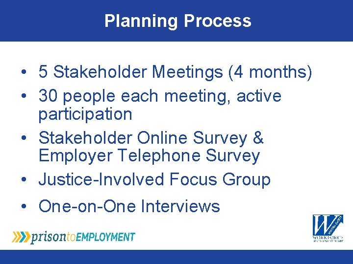 Planning Process • 5 Stakeholder Meetings (4 months) • 30 people each meeting, active