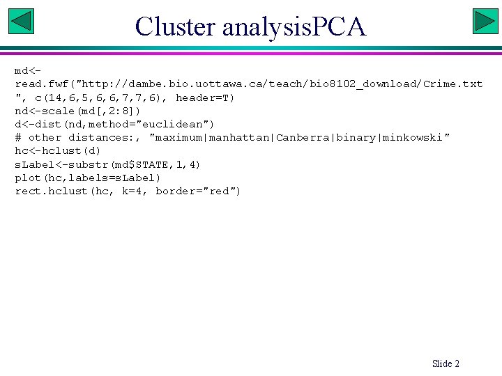 Cluster analysis. PCA md<read. fwf("http: //dambe. bio. uottawa. ca/teach/bio 8102_download/Crime. txt ", c(14, 6,