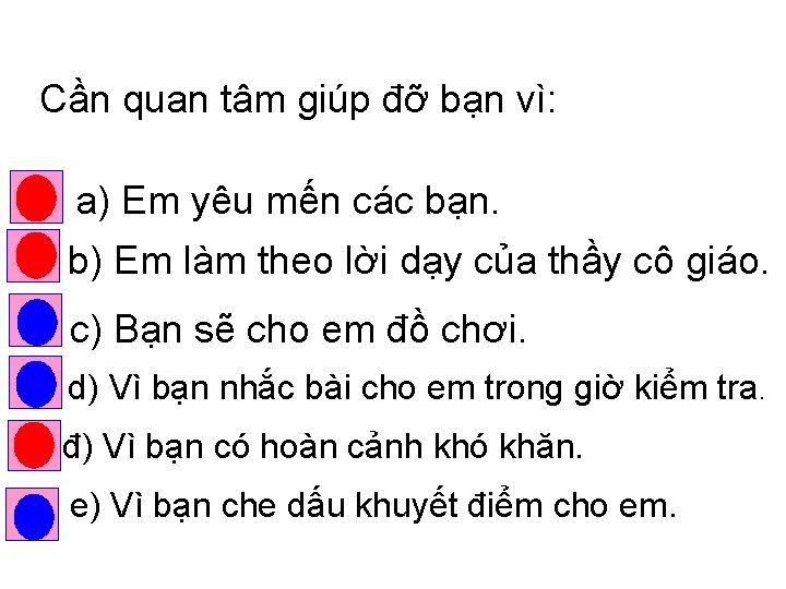 Cần quan tâm giúp đỡ bạn vì: a) Em yêu mến các bạn. b)