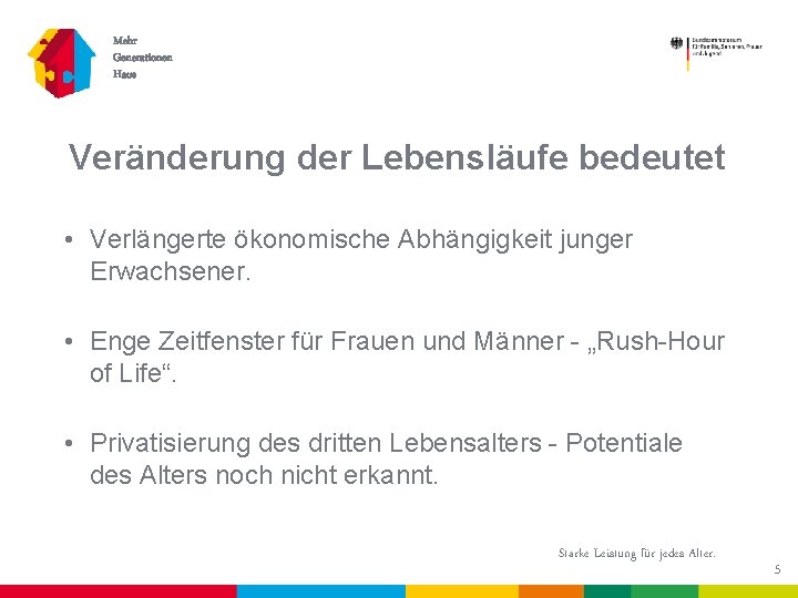 Mehr Generationen Haus Veränderung der Lebensläufe bedeutet • Verlängerte ökonomische Abhängigkeit junger Erwachsener. •