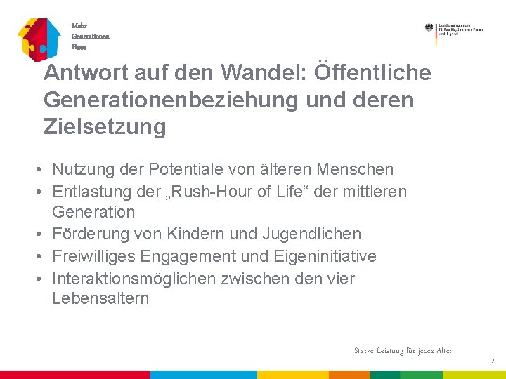 Mehr Generationen Haus Antwort auf den Wandel: Öffentliche Generationenbeziehung und deren Zielsetzung • Nutzung