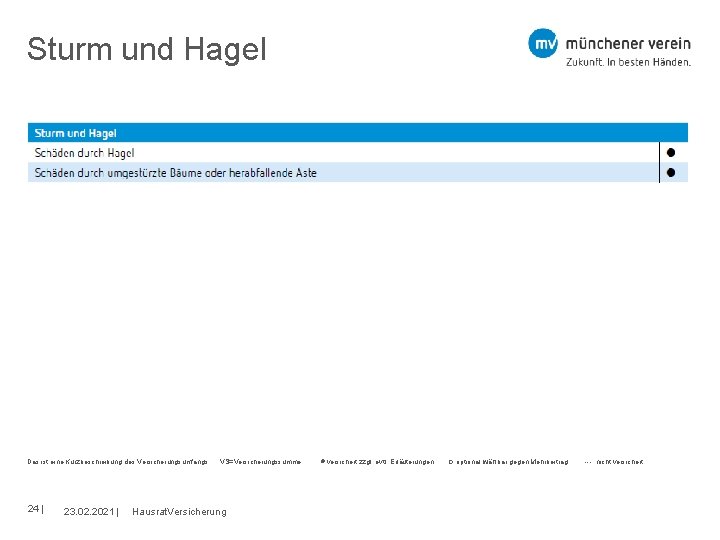 Sturm und Hagel Das ist eine Kurzbeschreibung des Versicherungsumfangs. VS=Versicherungssumme versichert zzgl. evtl. Erläuterungen