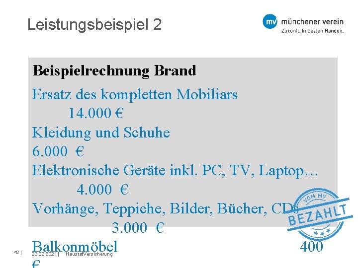 Leistungsbeispiel 2 42 Beispielrechnung Brand Ersatz des kompletten Mobiliars 14. 000 € Kleidung und