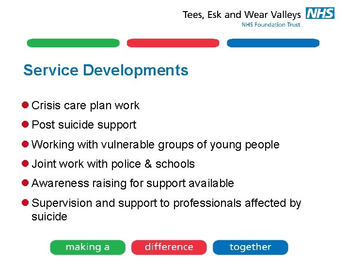 Service Developments l Crisis care plan work l Post suicide support l Working with