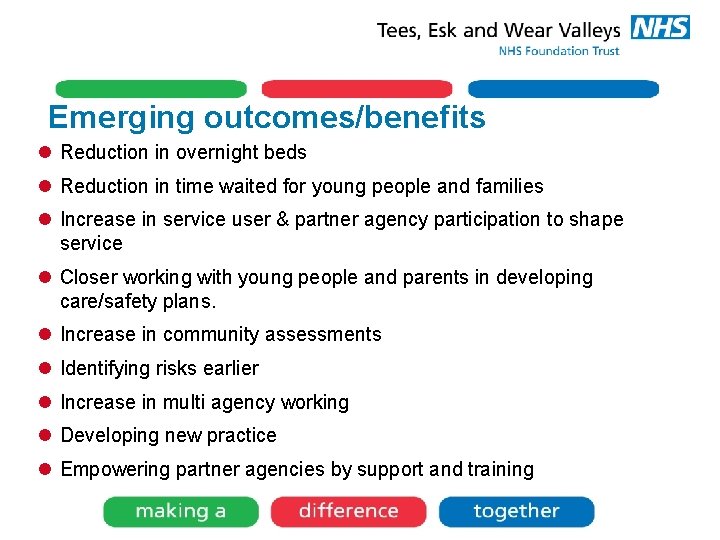 Emerging outcomes/benefits l Reduction in overnight beds l Reduction in time waited for young