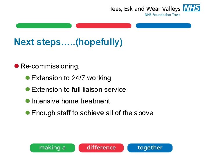 Next steps…. . (hopefully) l Re-commissioning: l Extension to 24/7 working l Extension to