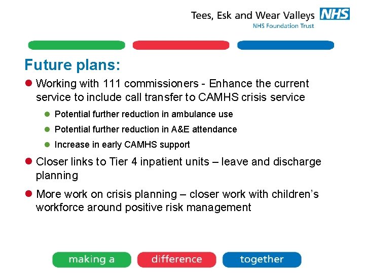 Future plans: l Working with 111 commissioners - Enhance the current service to include