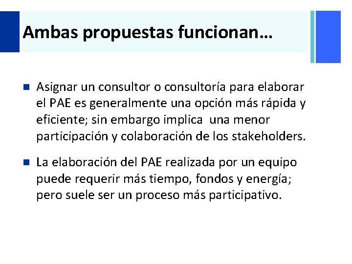 + Ambas propuestas funcionan… n Asignar un consultor o consultoría para elaborar el PAE + Ambas propuestas funcionan… n Asignar un consultor o consultoría para elaborar el PAE