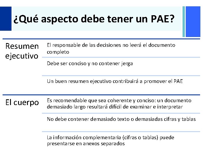 + ¿Qué aspecto debe tener un PAE? Resumen ejecutivo El responsable de las decisiones + ¿Qué aspecto debe tener un PAE? Resumen ejecutivo El responsable de las decisiones