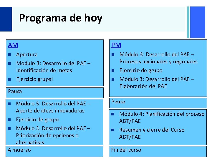 + Programa de hoy AM n n n Apertura Módulo 3: Desarrollo del PAE + Programa de hoy AM n n n Apertura Módulo 3: Desarrollo del PAE
