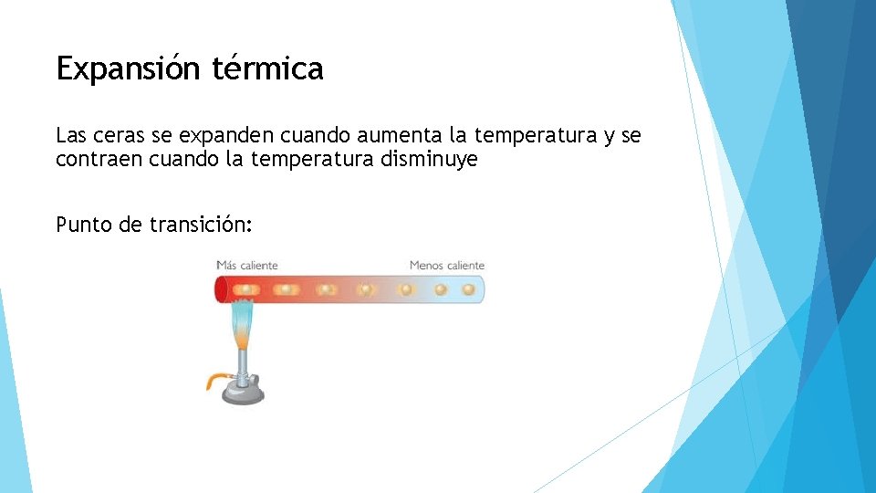 Expansión térmica Las ceras se expanden cuando aumenta la temperatura y se contraen cuando