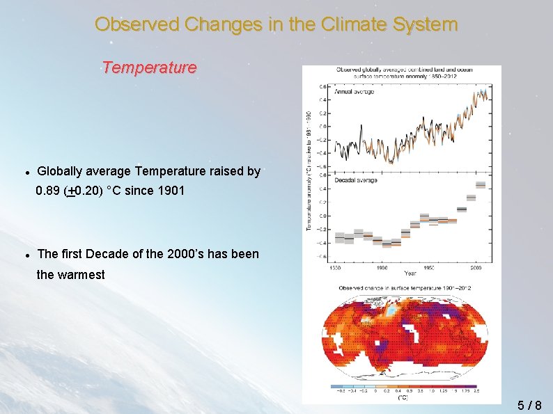 Observed Changes in the Climate System Temperature Globally average Temperature raised by 0. 89