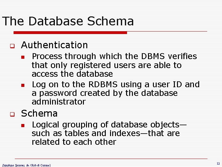 The Database Schema q Authentication n n q Process through which the DBMS verifies