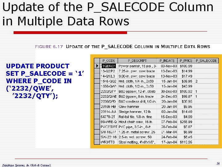 Update of the P_SALECODE Column in Multiple Data Rows UPDATE PRODUCT SET P_SALECODE =