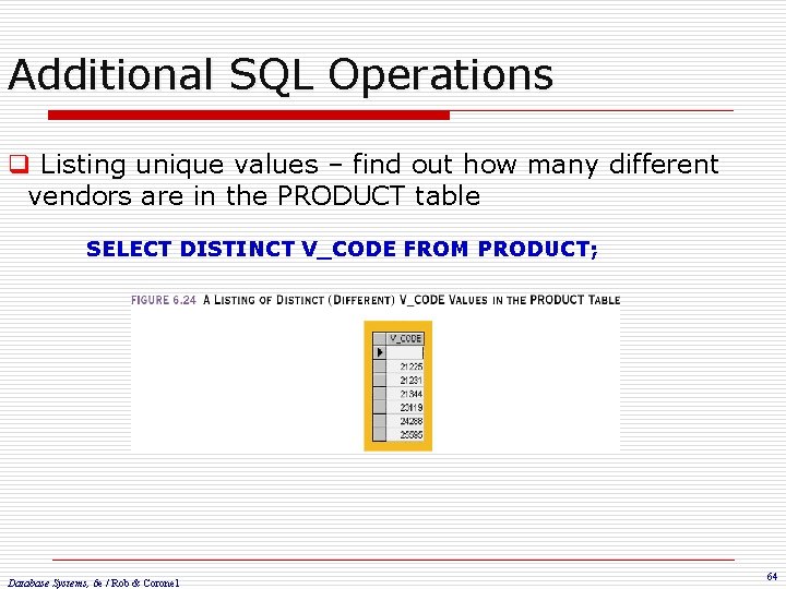 Additional SQL Operations q Listing unique values – find out how many different vendors