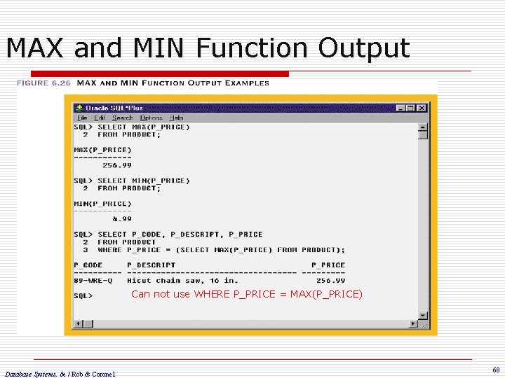 MAX and MIN Function Output Can not use WHERE P_PRICE = MAX(P_PRICE) Database Systems,