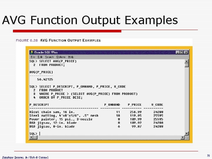 AVG Function Output Examples Database Systems, 6 e / Rob & Coronel 70 