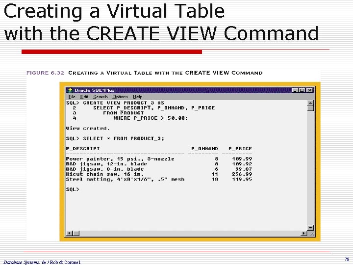 Creating a Virtual Table with the CREATE VIEW Command Database Systems, 6 e /