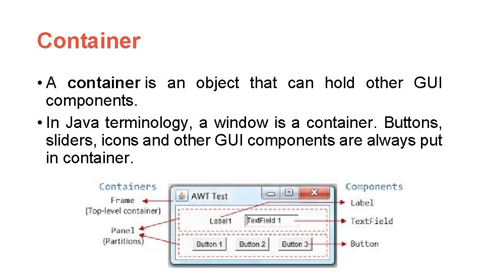 Container • A container is an object that can hold other GUI components. •