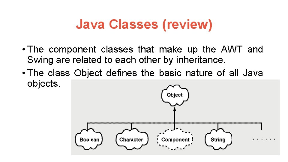 Java Classes (review) • The component classes that make up the AWT and Swing