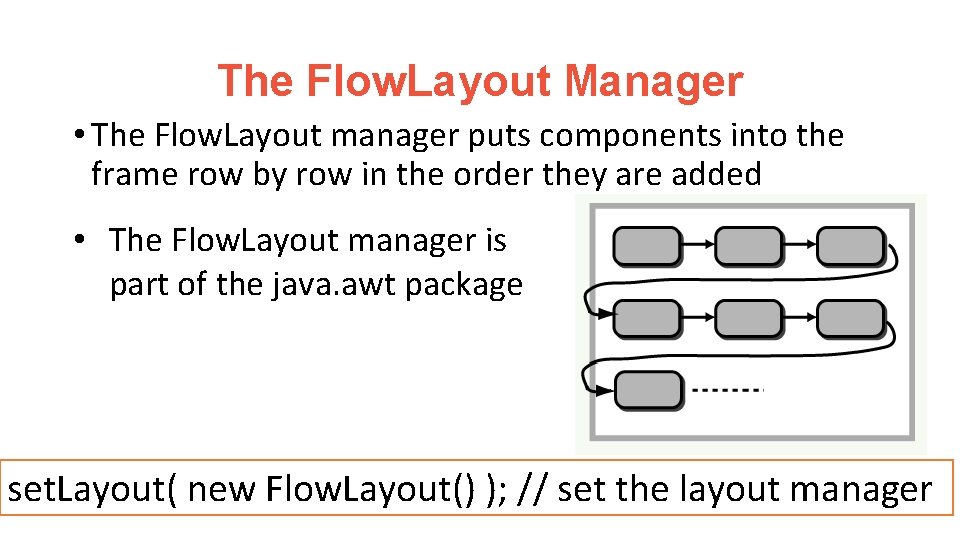 The Flow. Layout Manager • The Flow. Layout manager puts components into the frame