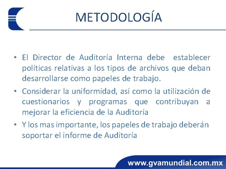 METODOLOGÍA • El Director de Auditoría Interna debe establecer políticas relativas a los tipos