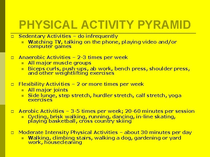 PHYSICAL ACTIVITY PYRAMID p Sedentary Activities – do infrequently n Watching TV, talking on PHYSICAL ACTIVITY PYRAMID p Sedentary Activities – do infrequently n Watching TV, talking on
