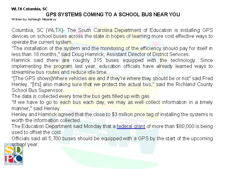  WLTX Columbia, SC GPS SYSTEMS COMING TO A SCHOOL BUS NEAR YOU Written