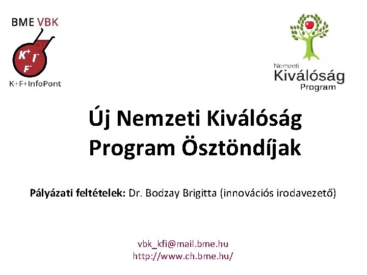 Új Nemzeti Kiválóság Program Ösztöndíjak Pályázati feltételek: Dr. Bodzay Brigitta (innovációs irodavezető) vbk_kfi@mail. bme.