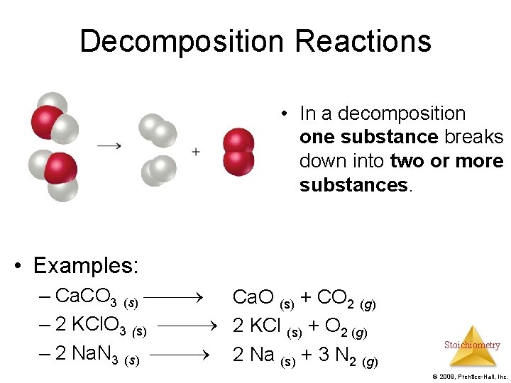 Decomposition Reactions • In a decomposition one substance breaks down into two or more