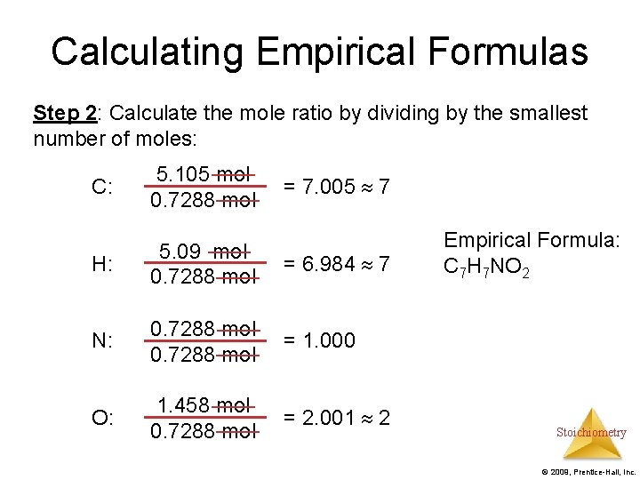 Calculating Empirical Formulas Step 2: Calculate the mole ratio by dividing by the smallest